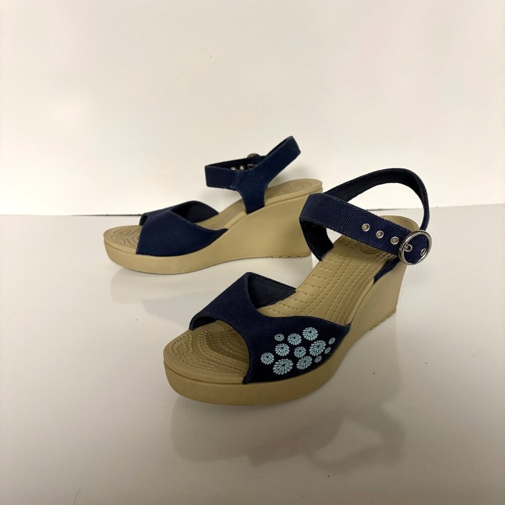 Crocs Womens Sandals Size W9 Navy Blue Canvas Wedge Adjustable Ankle Strap